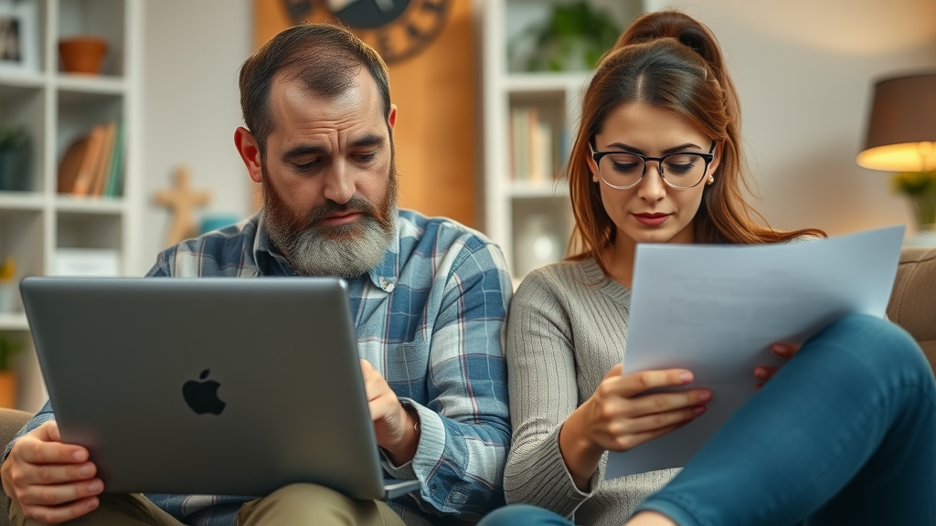 pensive pet owners with laptops, reviewing documents, Photorealistic High Fidelity Lifelike, in a home office setting, highly detailed