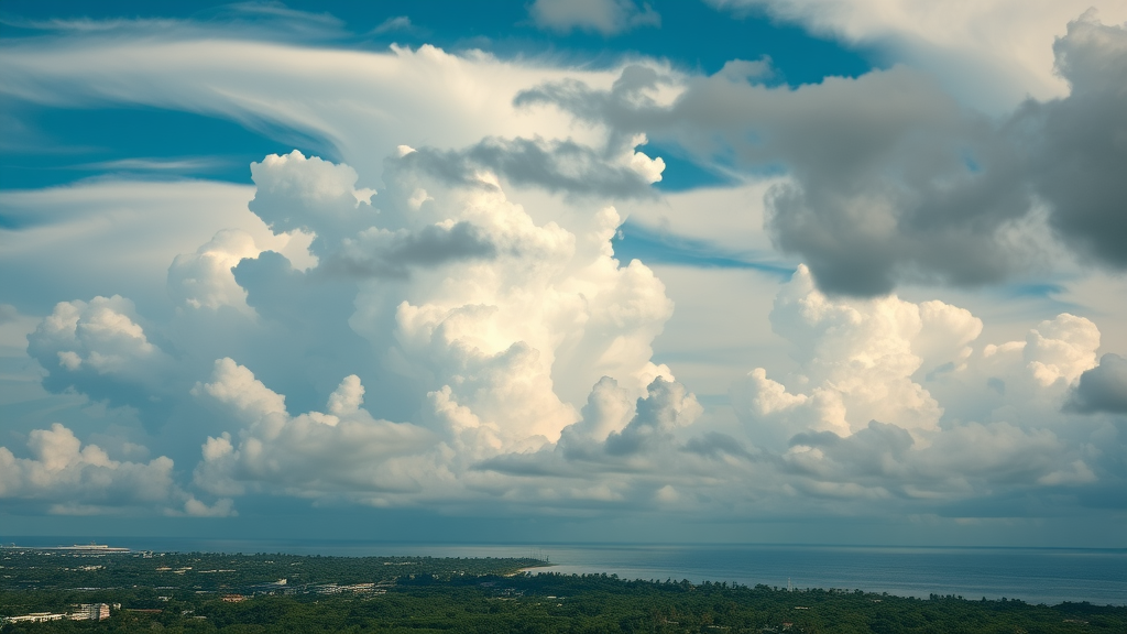 weather patterns over Key West, varying cloud formations, shifting atmospheric conditions, Cinematic, a vibrant tropical backdrop, highly detailed, swirling clouds, varied lighting effects, shot with a telephoto lens.