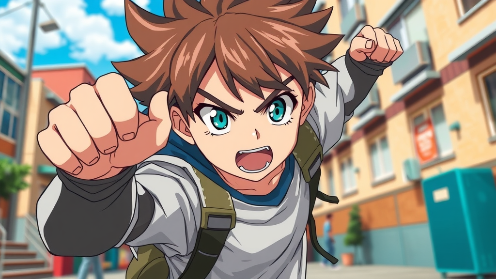 Heroic anime character in a school setting showcasing unique abilities with a vibrant urban schoolyard backdrop.