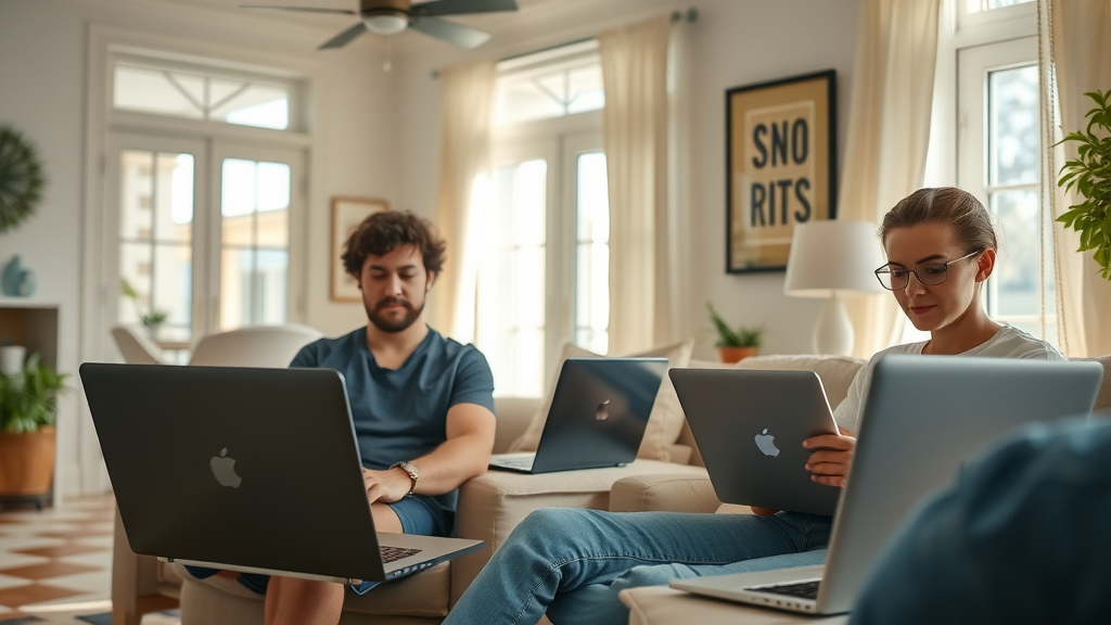 Remote workers in a cozy Florida home benefiting from fast fiber internet service and affordable rent