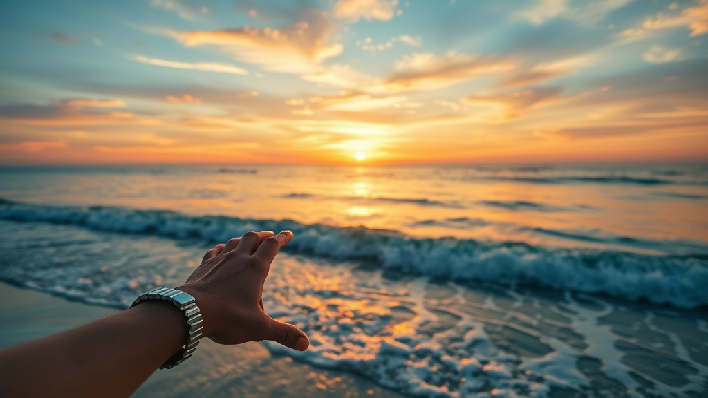 serene beach at sunset, tranquil ambiance, ocean waves and colorful sky