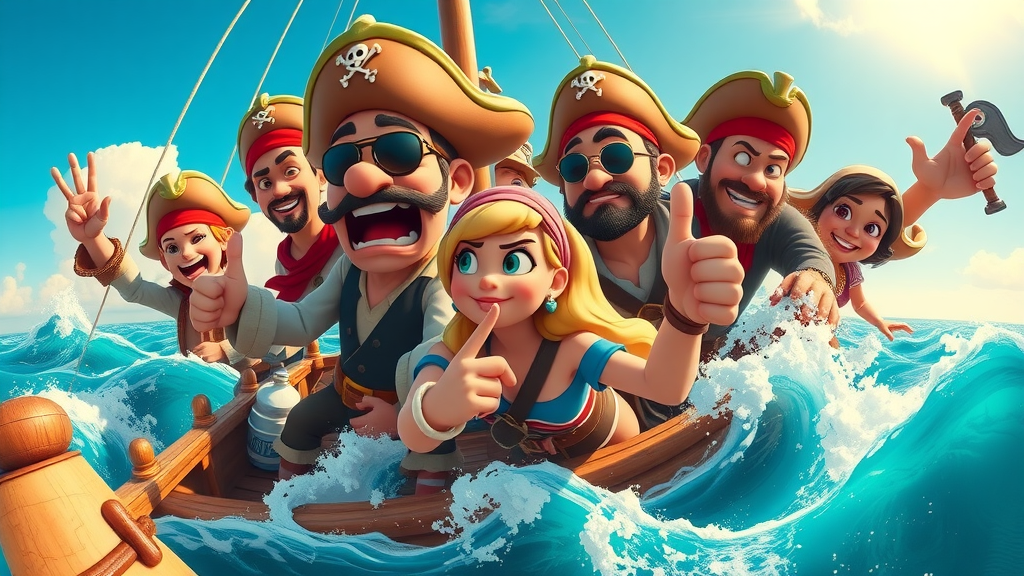 Adventurous pirate crew amidst the excitement of a vast ocean voyage under sunny nautical skies.
