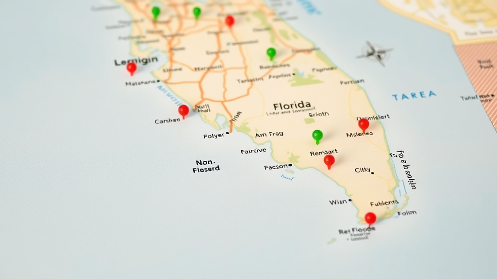 table top map of Florida showing city elevation and highlighted non-flooded zones in Gainesville, Ocala, Leesburg, and Tallahassee