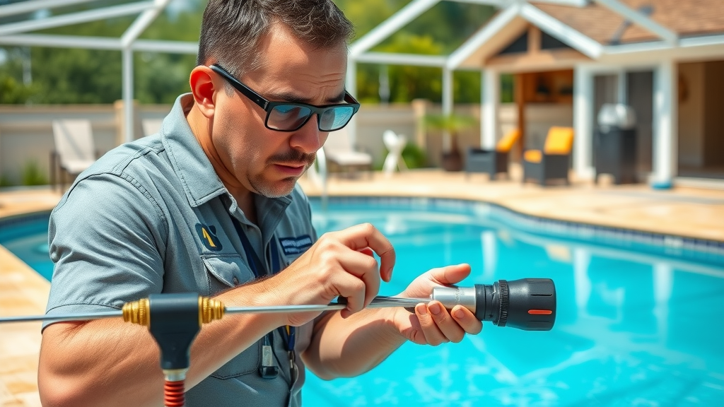 pool inspector reviewing pool amenities