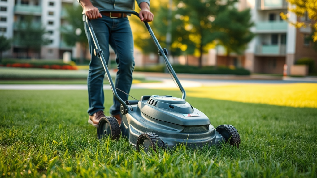 Man mowing lawn with sharp blades for even cut.