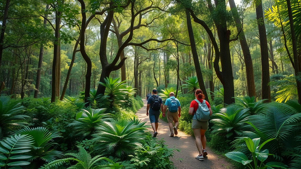 Lush Florida state park with hikers exploring trails and diverse wildlife.
