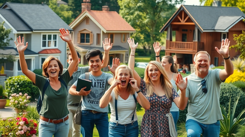 Diverse group of people, excited expressions, exploring variety of homes, lush neighborhood setting, Port Charlotte.