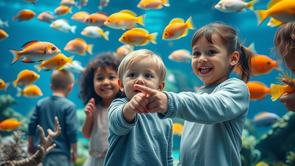 colorful aquarium display, family amazed, pointing at fish