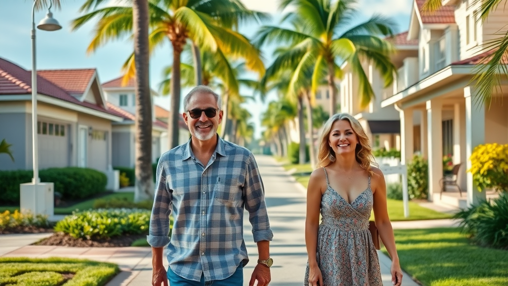 picturesque Sarasota neighborhood, sunny, vibrant colors with palm trees