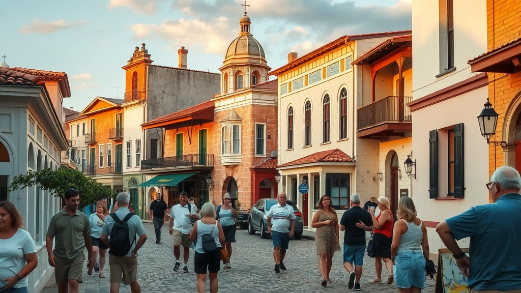 Tourists admiring historical architecture in Tarpon Springs, shot in golden hour lighting.