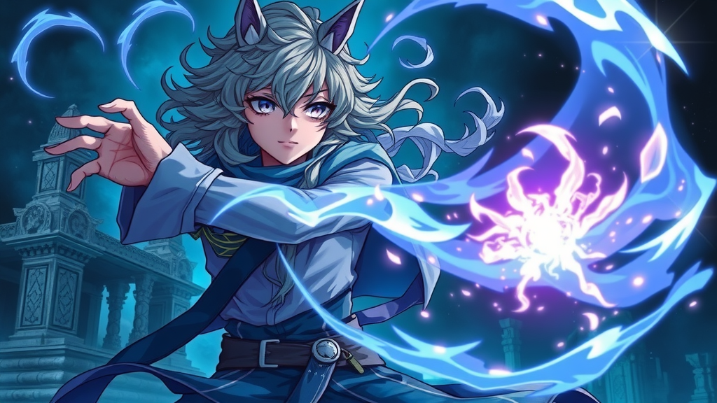 Mystical anime character wielding supernatural powers amidst a magical battle scene.