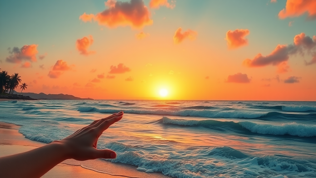 picturesque beach sunset, serene, sun setting over the ocean, Photorealistic High Fidelity Lifelike, background with palm trees and shoreline, highly detailed, waves gently crashing, vibrant orange and pink hues, golden hour, shot with a wide-angle lens