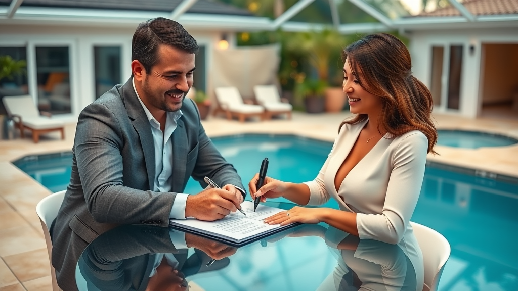 couple signing a home buying contract beside a pool