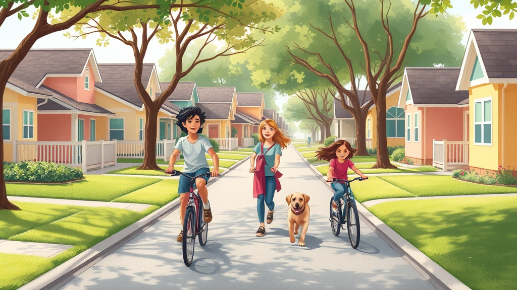 cooper city property tax: family walking safely in suburban neighborhood with tidy lawns and children riding bikes