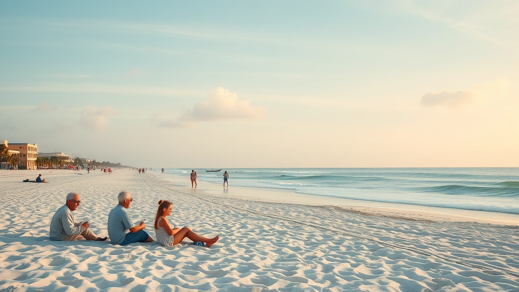 A budget-friendly beach in Florida with families enjoying a relaxing day.