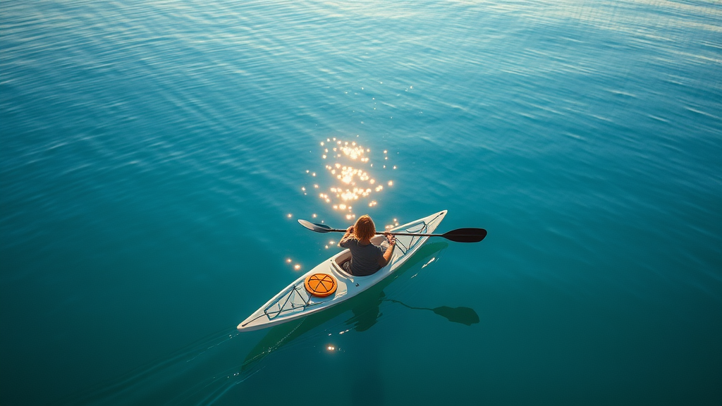 person kayaking in a clear kayak on calm water, adventurous, exploring waterways