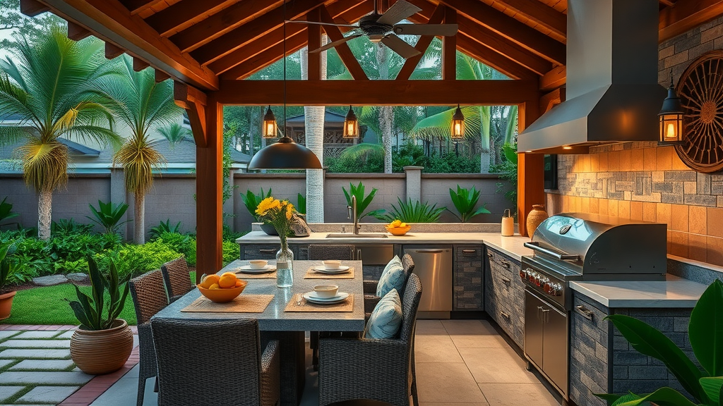 Tropical covered outdoor kitchen in Florida, contemporary design with garden backdrop