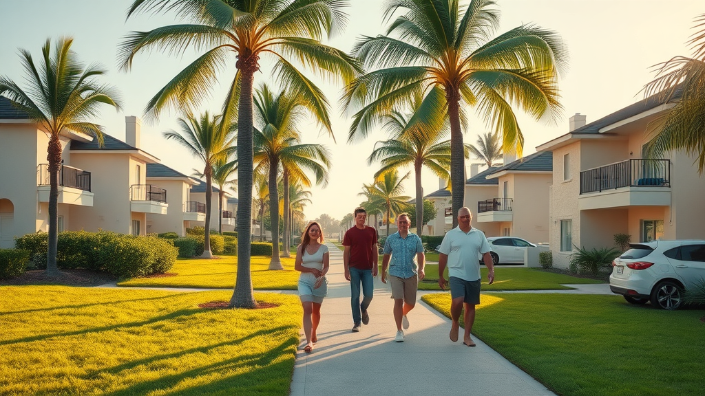 safest cities in Florida with low property taxes: sunny suburban Florida neighborhood with calm atmosphere, lush palm trees, modern houses, and families walking