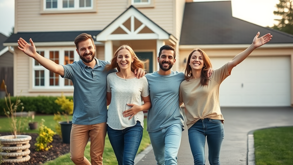 Happy family outside new home in Brandon, celebrating purchase, Photorealistic High Fidelity Lifelike