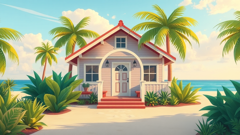charming beach house, inviting, nestled among tropical greenery, 2D Cartoon, background with clear sky and sandy path, highly detailed, warm and welcoming atmosphere, pastel colors, shot with a 50mm lens
