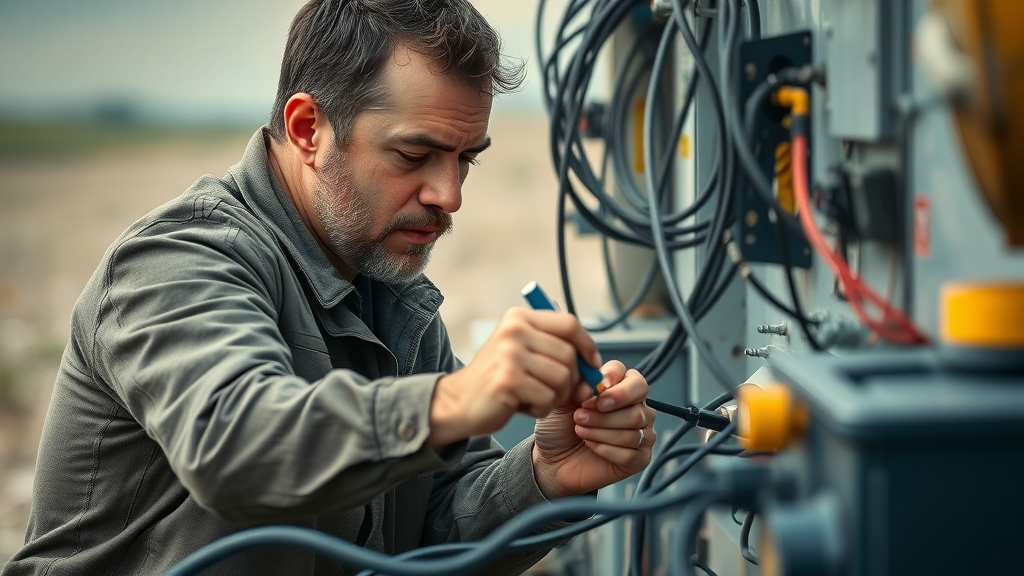 Person fixing an off-grid system with tools scattered around