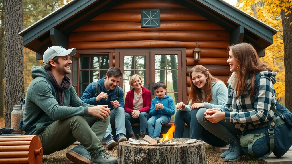 Family enjoying a peaceful cabin retreat during weekend getaway