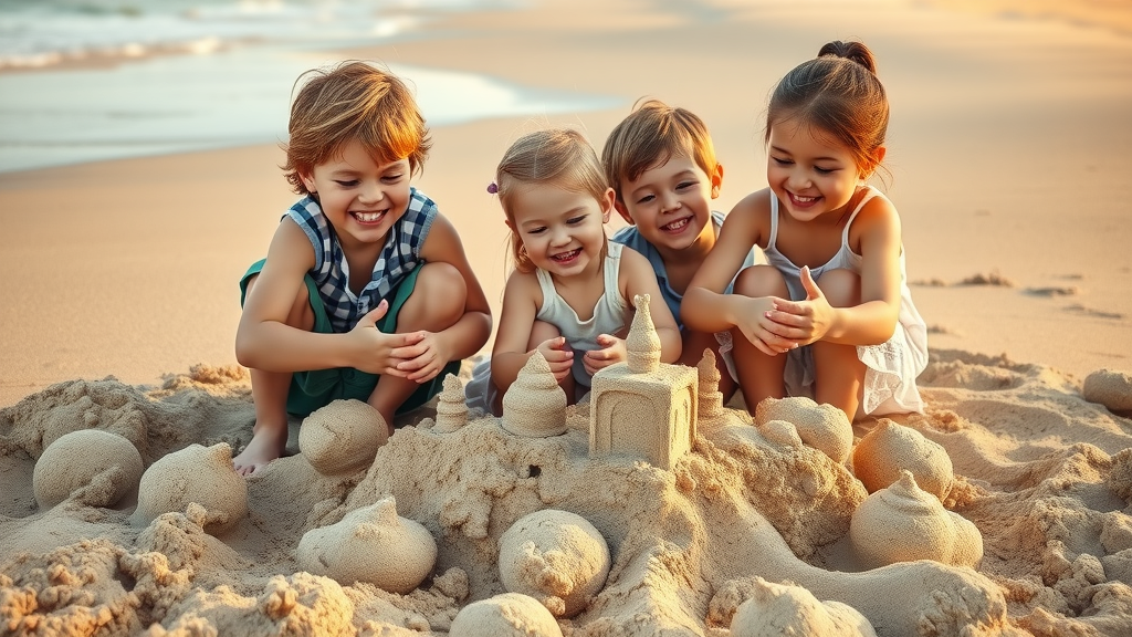 beachside family fun, children building sandcastles, smiling