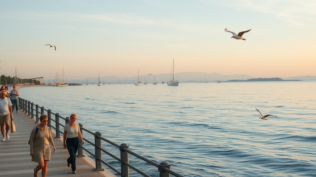 Serene Davis Islands waterfront scene with families walking along the promenade and sailboats in water views