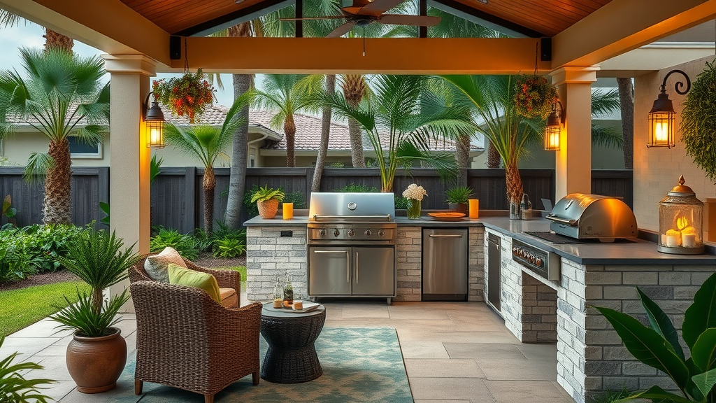 breathtaking outdoor living space, inviting ambiance, showcasing a luxurious RTA outdoor kitchen setup, Photorealistic High Fidelity Lifelike, lush Florida garden background with tropical foliage, highly detailed, vibrant colors, warm natural lighting, shot with a 50mm lens