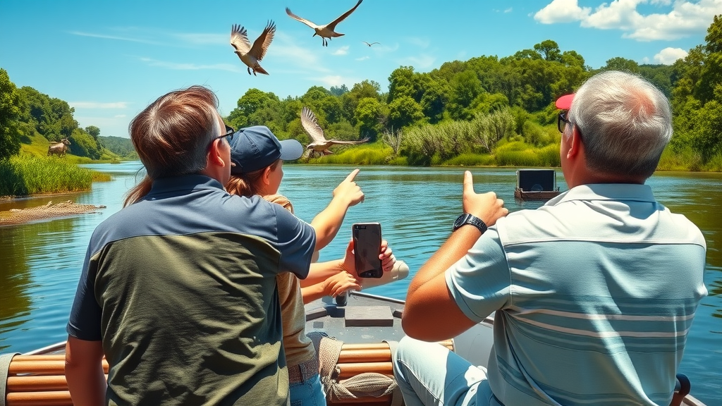 family on a boat tour admiring scenic river views