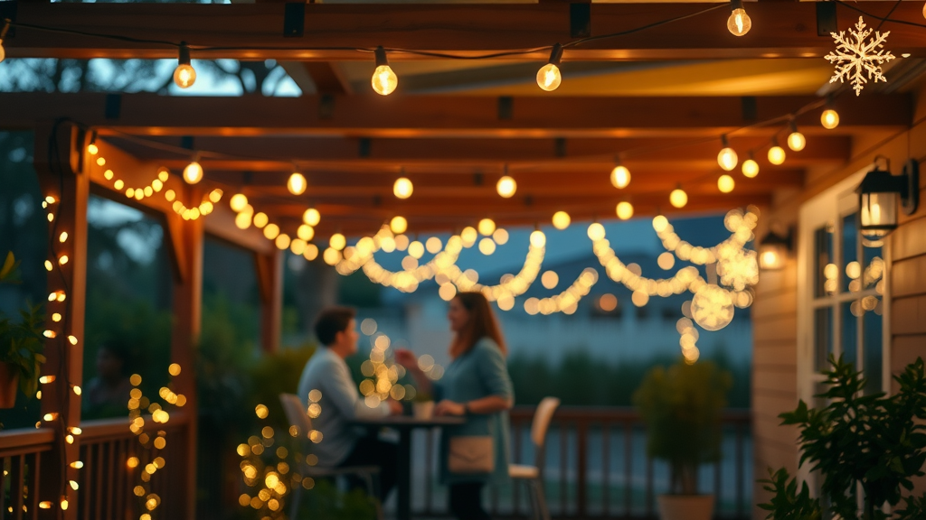 Charming outdoor patio with festive string lights illuminating a cozy ambiance.