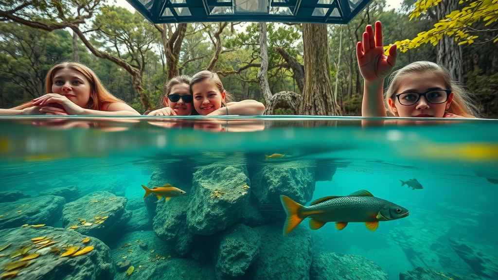 serene glass-bottom boat on a clear spring with visible underwater rock formations and fish, silver springs state park, people gazing through the glass in amazement, turquoise and emerald colors