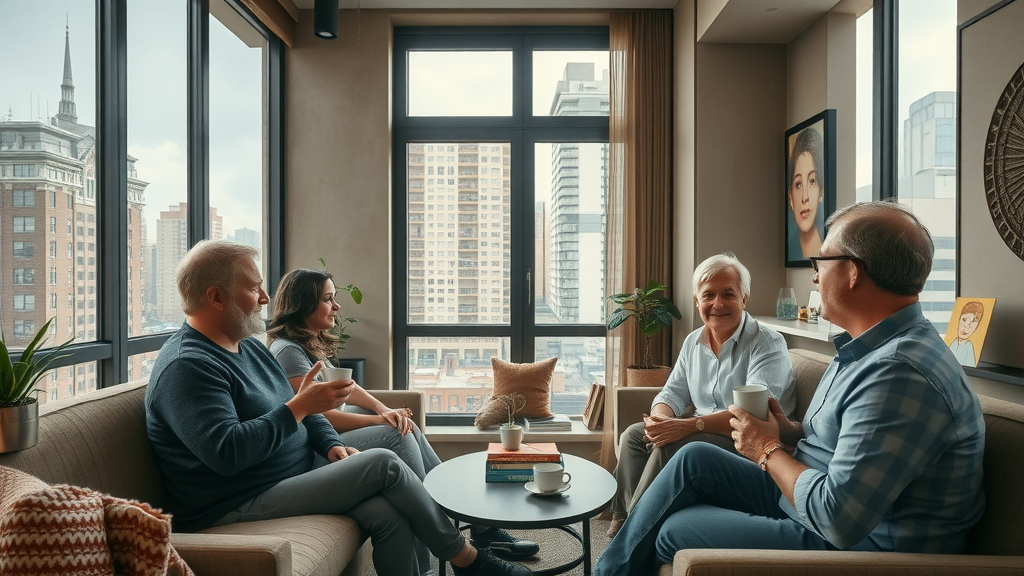 Cozy urban apartment, secure feeling, in Downtown Ocala, with residents chatting over coffee