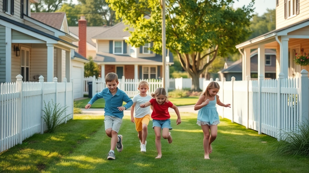 Peaceful suburban neighborhood, inviting atmosphere, with children playing outside, in Ocala