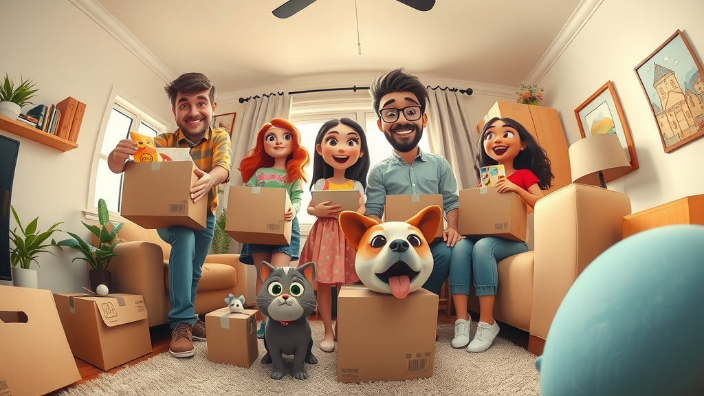 busy family and pets with packing boxes, focusing on essentials, 3D Cartoon, inside a cozy living room, highly detailed, dynamic and fun, bright colors