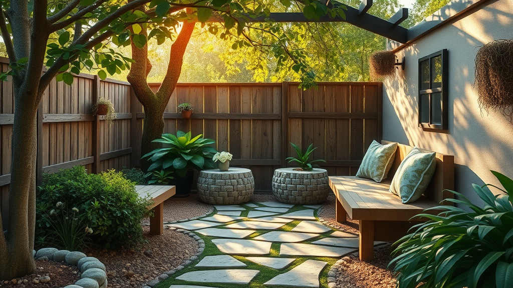 Cozy garden nook in Florida with a stone path and seating, balanced design under warm morning light.
