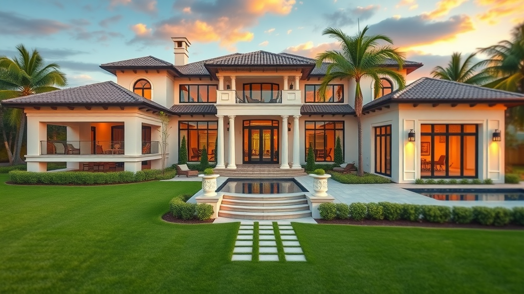 stylish Boca Raton home, elegant, showcasing property, photorealistic high fidelity lifelike, manicured lawns and modern architecture, highly detailed, residential ambiance, warm hues, late afternoon light, shot with a tilt-shift lens