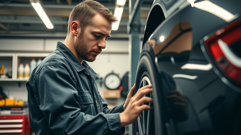 Mechanic inspecting tire pressure in a car maintenance garage