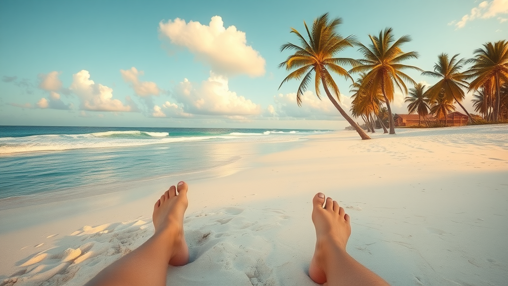 A serene Florida beach with sunbathing spots and palm trees.