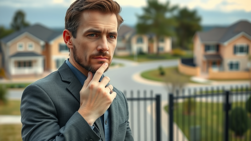 deliberate homebuyer in gated community, thoughtful, evaluating choices, high fantasy, prospective residential area with homes visible, highly detailed, decision-making process, neutral tones, soft natural light, shot with a macro lens