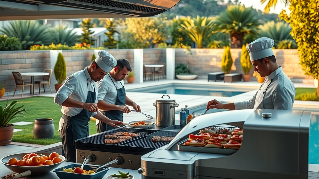 modern outdoor kitchen with chefs in action