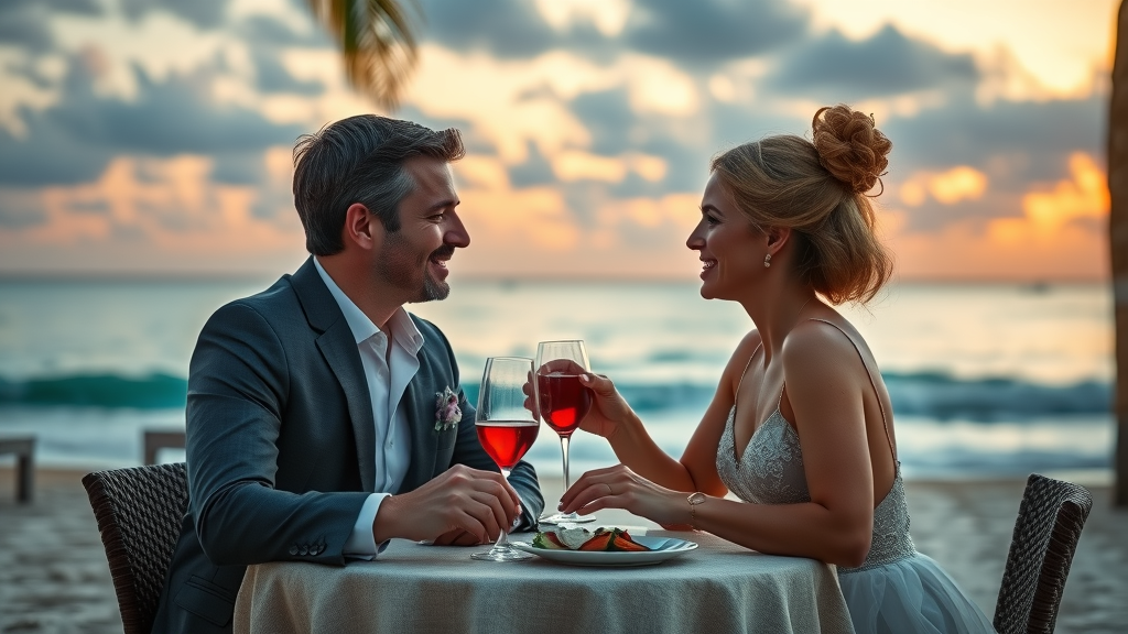 Luxurious Palm Beach with an elegant couple dining beachside enjoying a meal, serene ocean views in the background.