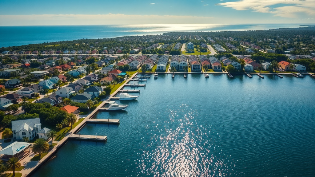 safest cities in Florida with low property taxes: aerial view of peaceful coastal city with organized layout and waterfront homes