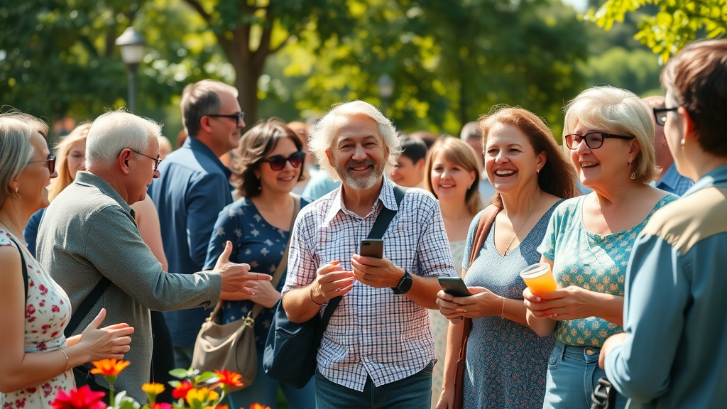Vibrant community gathering, lively atmosphere, interacting joyously, in Ocala's parks
