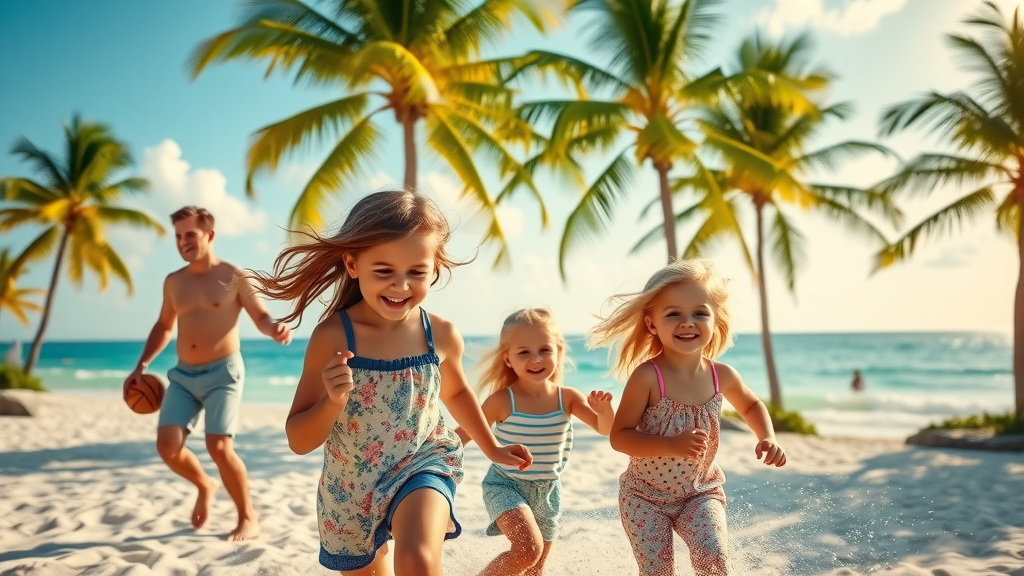 sunny Florida resort with children playing and enjoying family activities with palm trees and ocean view