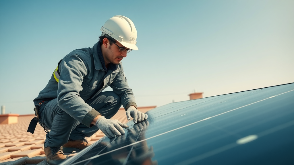 Technician installing a solar panel on a rooftop