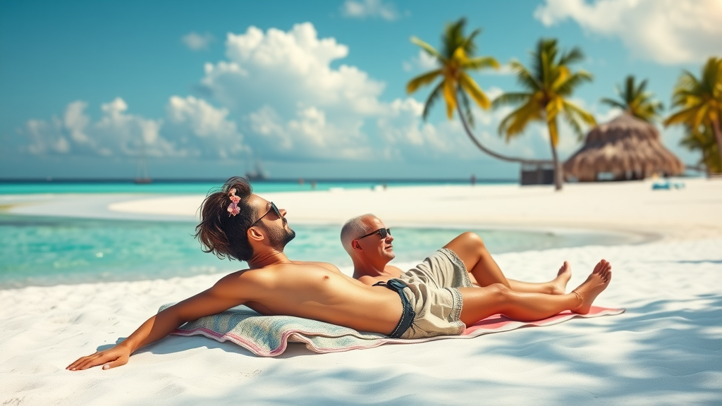 Idyllic Siesta Key with a couple relaxing on white sand and turquoise waters in the background.