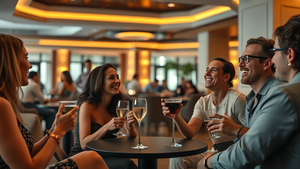 elegant resort lounge, guests laughing, enjoying cocktails, modern interior design