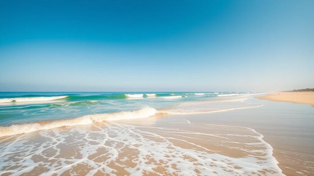 beautiful Naples beachfront, serene, inviting, sandy beaches under a clear blue sky, highly detailed, flowing waves, natural colors, bright daylight, shot with a wide-angle lens.