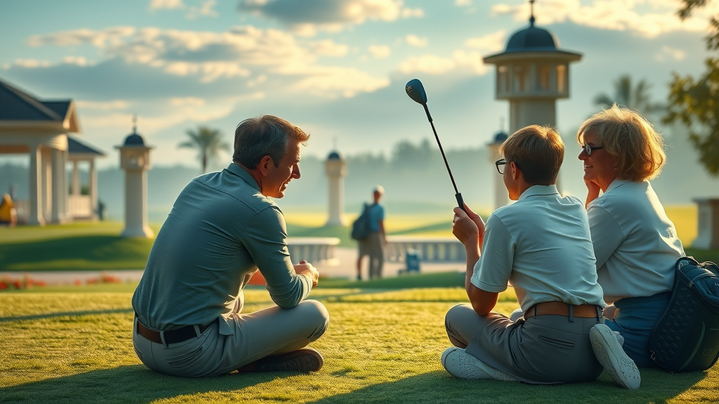 luxurious country club scene, inviting, enjoying leisure activities, high fantasy, golf course and clubhouse setting, highly detailed, dynamic interaction, soft blue and green tones, morning sunlight, shot with a normal lens